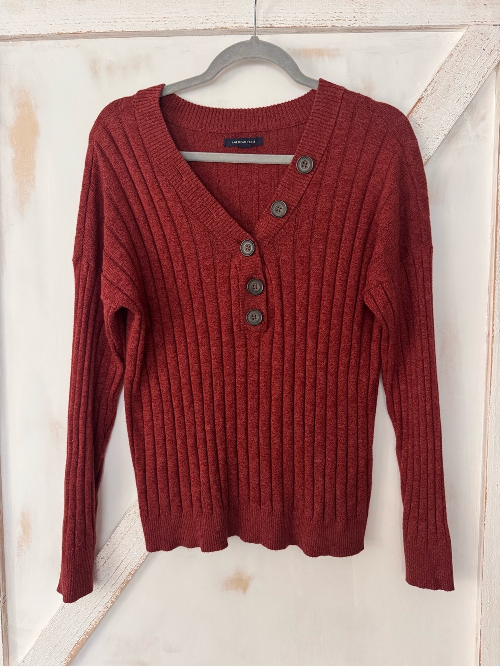 American Eagle Cable Rib Button-Front Deep Rust Sweater